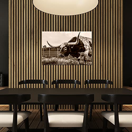 Sechars Vintage Cow Canvas Wall Art Texas Longhorn Picture Print On Canvas Brown Sepia Cattle Photo Giclee Artwork For Home Living Room Decoration Stretched And Framed Ready To Hang 24X36 #TOP4