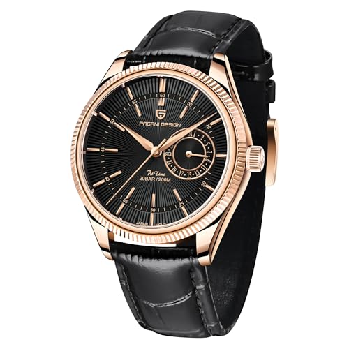 Pagani Design Herrenuhr 40mm – Luxus Analoge Quarzuhr mit Saphirglas, 200M Wasserdicht, Japanisches Uhrwerk & Datumsanzeige – Edelstahl & Leder Business Armbanduhr für Männer (Golden Schwarz)