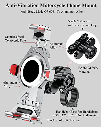 Brcovan Aluminum Alloy Motorcycle Phone Mount With Vibration Dampener & High-Speed Secure Lock, One-Push Automatically Lock Bike Scooter Atv Handlebar Cell Phone Holder For 4.7''-7.2'' Phones #TOP1