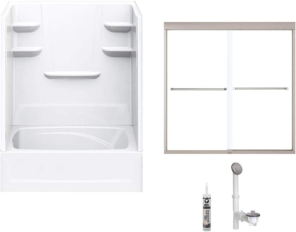 A2 6042CTSL-134561-WN Bath/Shower Kit with Door, 60-in L x 42-in W x 79-in H, White/Brushed Nickel