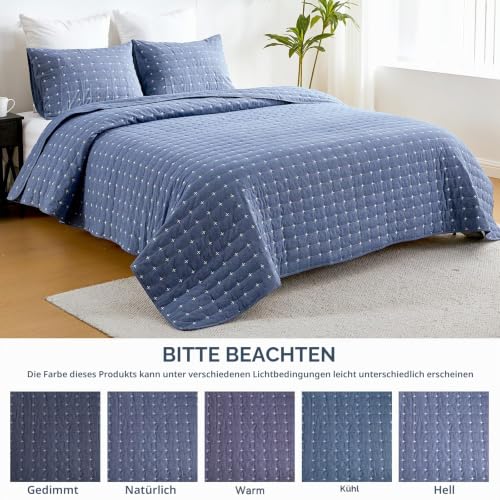 Qucover Tagesdecke Baumwolle 240x260, Ultra Weiche Blau Bett Überwurfdecke Stickerei, Bettüberwurf mit 2 Kissen Set, Steppdecke 240x260… – Ansicht 5