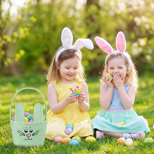 Image of Teenyyou Woven Easter Baskets Woven Bunny Baskets with Handles Eggs Hunt Bucket Rabbit Cotton Rope Basket Baby's First Easter Basket Gift for Toddler Boys Girls(Macaron Green)