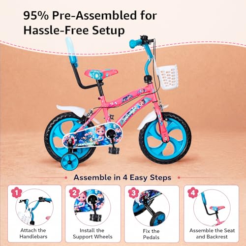 Image of Amazon Brand - Jam & Honey 14T Bicycle for Kids | Sturdy Steel Frame | EVA Tyres | Adjustable Seat & Handlebar | Training Wheels | Front Storage Basket | Pink | for Ages 5+ Years