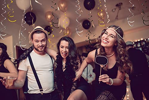 Image of 30Pc Gold Silver and Black Party Party Swirl Decorations Foil Swirl Hanging Decoration Plastic Streamer for Ceiling 22 in