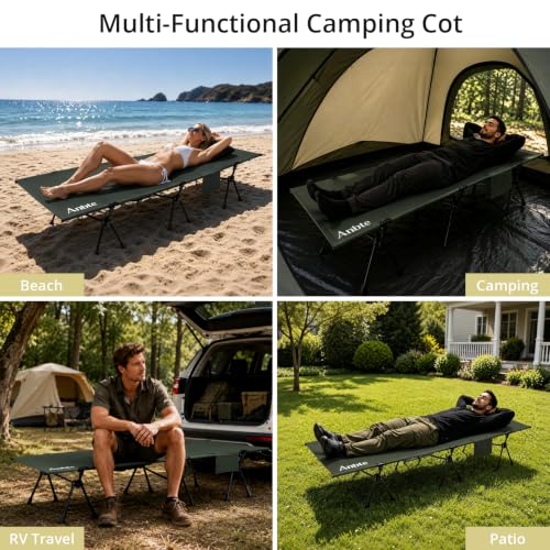 Image of Anbte Height Adjustable Camping Cot with Storage Net, Support 400lbs, Green | Comfortable Portable Cots for Adult, for Camping Hiking Travel Truck Beach Office Nap, With Storage Bag