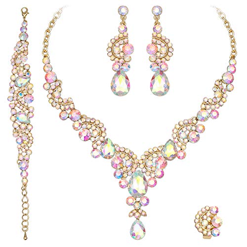 CSY Elegant Iridescent Crystal Necklace Earrings Bracelet Ring Bridal Wedding Costume Jewelry Sets for Brides Women Gifts (Iridescent AB Crystal - Gold tone)