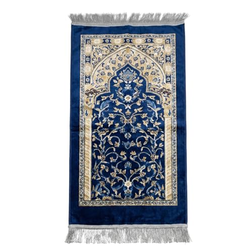 Premium Prayer Rug Janamaz Mushallah For Namaz Ibadat | Embossed Design Anti-Slip Soft-Padded Velvet Mat For Dailay Salah Umrah & Hajj | Ramadan Eid Gift Item 1 Unit Blue