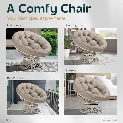 Image of Bme Ergonomic Wicker Papasan Chair with Soft Thick Density Fabric Cushion, High Capacity Steel Frame, 360 Degree Swivel for Living, Bedroom, Reading Room, Lounge, Silver Cloud - White Base