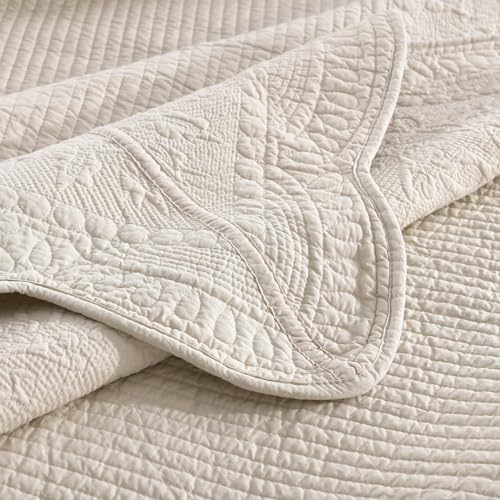 MarCielo 3-Piece 100% Cotton Oversized Bedspread Lightweight Quilt Coverlet Embroidery Farmhouse Bedding Set (TG Yellowish Beige, Oversized Queen (100"x106"))