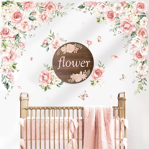 decalmile Large Pink Flower Wall Decals Pink Blossom Floral Vine Butterfly Wall Stickers Baby Nursery Girls Bedroom Living Room Wall Decor