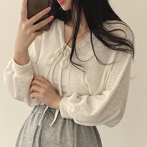 Thin Solid Color Cardigan Bandage Bloomer Sleeves Short Coat Pull Femme Fatale Top Girls Cardigan Y2K Top3