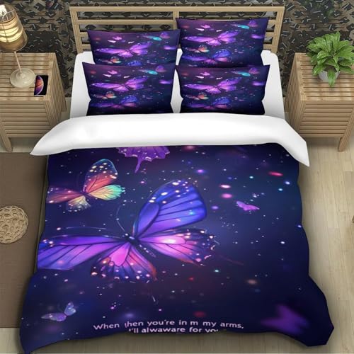 Housse de couette papillons violets 3D parure lit King drap microfibre avec taies