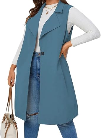 Plus Size Long Vest for Women Sleeveless Jacket, Fall Coat Knee Length Long Blazer for Women Casual Outfits