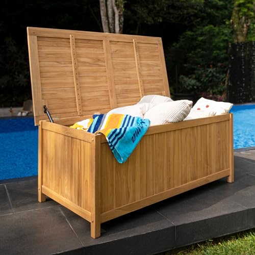 Image of Cambridge Casual Arie 60-Inch Teak Outdoor Deck Storage Box Chest, Weather-Resistant Patio Organizer with Soft-Close Lid for Pool, Garden & Backyard, 119 Gallons Outdoor Storage Box