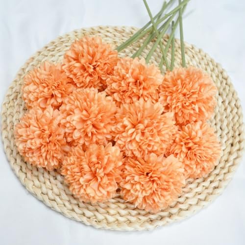 Artificial Flowers Chrysanthemum Ball Flowers 10pcs Bouquet Present for Important People Glorious Moral for Home Office Coffee House Deco Parties and Wedding(Orange)