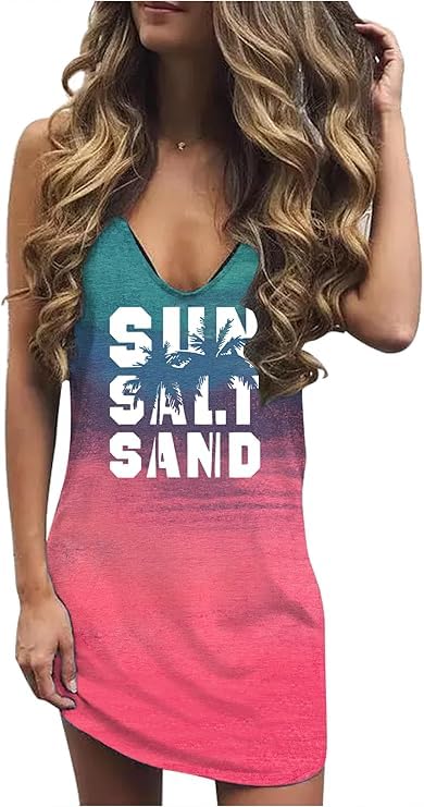 Image of Live Simple Coconut Tree Sleeveless Dress Sunshine Sand Beach Women's Summer Casual V Neck Mini Dress