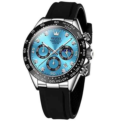 OLEVS Montre à quartz analogique élégante et luxueuse pour homme - Chronographie - Calendrier en diamant - Étanche et lumineuse, Bracelet noir et cadran bleu OLEVS Montre à quartz analogique élégante et luxueuse pour homme - Chronographie - Calendrier en diamant - Étanche et lumineuse, Bracelet noir et cadran bleu