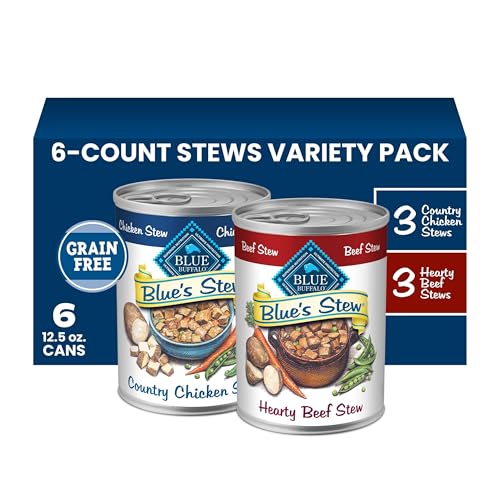 Blue Buffalo Blue’s Stew Variety Pack Hearty Beef & Country Chicken Stew Natural Grain Free Wet Dog Food with Real Meat in Thick Savory Gravy, Natural Ingredients, 12.5-oz Cans (6 Count)