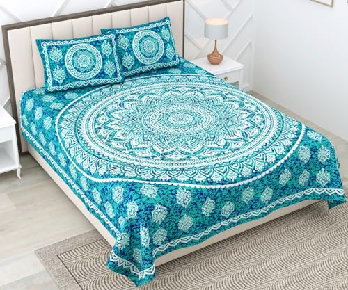 Image of RajasthaniKart 144 TC Pure 100% Cotton Double Bed Sheet with 2 Pillow Covers (Bedsheet for Double Bed Cotton, Green Star Jaipuri, King Size,5298)