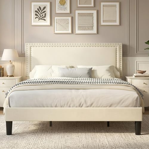 Image of VECELO King Bed Frame with Rivet-Tufted Headboard & Footboard, Upholstered Platform Bed with Wood Slats Support, No Box Spring Needed, Noise-Free, Easy Assembly, Beige