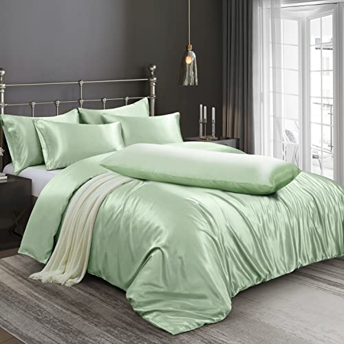 Image of Ersmak 6 Pieces Satin Duvet Cover Full /Queen Size Luxury Silky Bedding Duvet Cover Set with 1 Soft Duvet Cover, 4 Queen Pillowcases and 1 Body Pillowcase, Sage Green