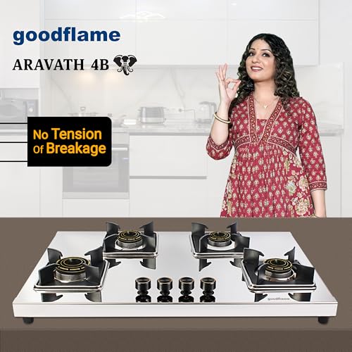 Image of goodflame Aravath 4 Burner Stainless Steel Gas Stove for Kitchen | Heavy 2MM SS Body | Brass Burners | 2 Year Warranty | ISI Certified | Manual Ignition | LPG Ready and PNG Compatible, (Silver)