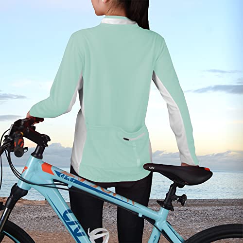 bpbtti Camisa feminina de manga comprida de meio zíper para ciclismo com 3 bolsos reais, Verde/branc