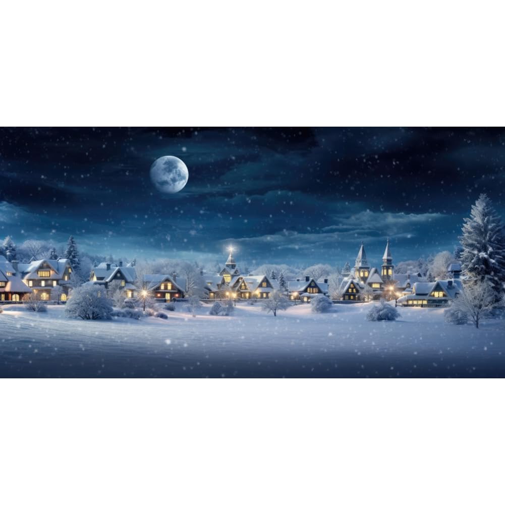 Sfondo Invernale 2,2x1,5m Per Foto – Città Notturna Con Neve, Luna Piena E Slitta Di Natale – Vinile Non Riflettente