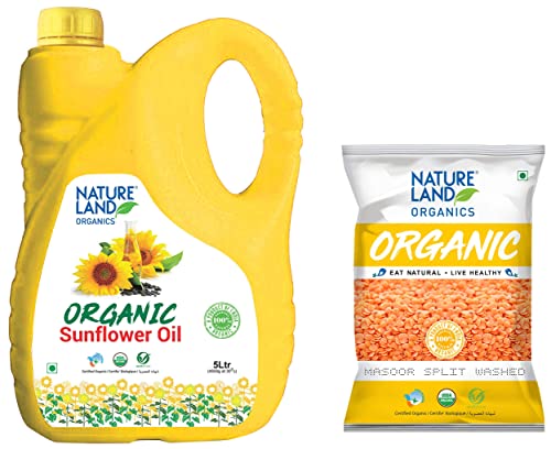 Image of Natureland Organics Sunflower Oil Jar, 5 L & Masoor Dal /Split Washed Pouch, 1 kg