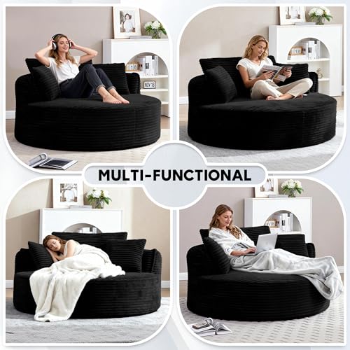 Image of Oversized Round Chair Lounge Chaise Indoor, 53.5 inch Upholstered Corduroy Deep Seat Single Cloud Sofa Chair, Fluffy Modern Large Circle Boneless Sleeper Sofa for Living Room, Bedroom, Black