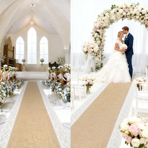 GoldenXin 3ft x 20 ft Wedding Aisle Runner Outdoor for Wedding Ceremony with Lace Jute Rustic Natural Burlap Decorations Beach Garden Church Reception Craft Decor