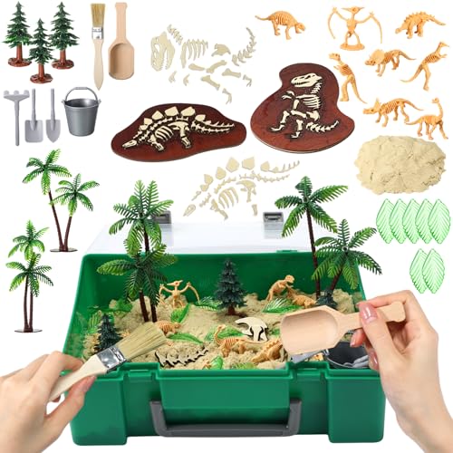 Jenaai Dinosaur Sensory Bin Dinosaur Excavation Archaeology Dig Kit Dino Skeletons Bones Puzzle Game Sandbox Storage with Lid Sand for DIY Making Kit Decoration Gifts Pretend Learning Construction