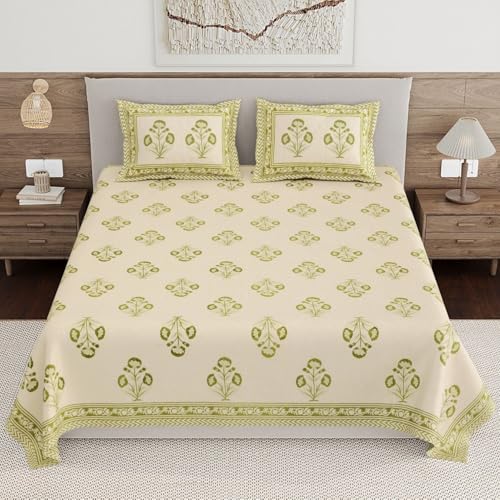 Image of Living Roots Ethnic Jaipur Block Print Double Cotton Bedsheet & 2 Pillow Covers, for Mattress Upto 6 inches Thick, No Colour Bleeding, Leaf Green Colour, King Size 90 * 108 inches, 120TC (611-A)