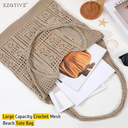 Image of XZQTIVE Crochet Tote Bag for Women Mesh Beach bag for Summer Vacation Aesthetic Hobo Knit Shoulder Bag