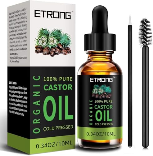 ETRONG Organic Castor Oil Pure Cold Pressed Castor Oil for Eyebrows Eyelashes Hair Growth Nails and Skin with 1 Set of Eyebrow&Eyeliner Brushes (10 ml)
