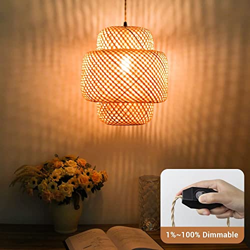 Qwoo Bamboo Pendant Light,13.8Ft Rattan Lamp Shade,Hand-Woven Wicker Light Fixture Ceiling Hanging,Boho Woven Bamboo Chandelier With Dimmable Switch Plug In For Dining Room Kitchen Island Bedroom #TOP2