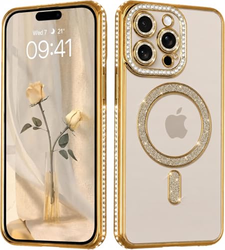 Image of DIZORO Compatible with (iPhone 16 Pro Max Case) Clear Luxury Diamond Glitter Case |Camera Lens Protector with Glitter Ring | Premium Shockproof Glossy Shiny Back Cover Case for Girls Women -Gold