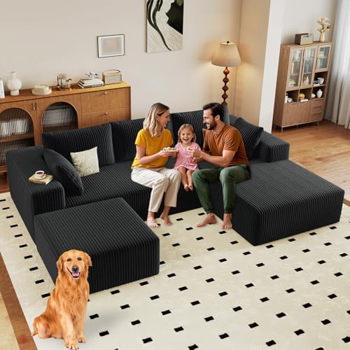 Image of 96 inch Modular Sectional Sofa with Ottoman, Modern Corduroy Cloud Couch with Deep Seat, Boneless Couch Upholstered 3-Seater U-Shaped Sofa for Living Room, No Assembly (Black, Right-Facing Chaise)
