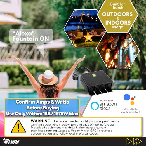 Image of Smart Heavy Duty Outdoor Power Strip WiFi Plug Water-Resistant Socket, Electrical Power Extension Cord, Outlet Switch and Timer Works Remotely with Alexa, G Assistant (4 Sockets) Black