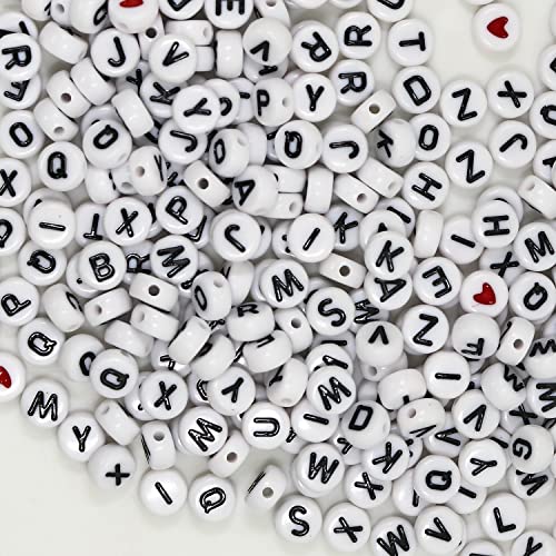 Image of 1450Pcs Letter Beads, Acrylic 4x7mm Round Letter Beads Kits, Alphabet Beads A-Z and Red Heart Black Star Beads for Bracelets Necklaces DIY Jewelry Making (White) (Pack of 2)