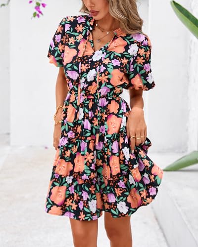 BTFBM Women Summer Floral Short Dresses V Neck Short Sleeve Tiered Ruffle Boho Swing Dress A-Line Mini Dresses(Black Orange Yellow Floral,Small) — view 4
