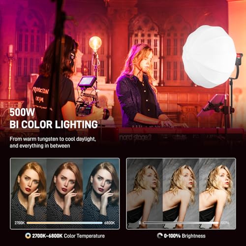 Image of GVM 500W LED Video Light with APP Bluetooth Control, 2700K-6800K CCT, 227040lux@1m, Studio Photography Lighting with Bowen Mount, Continuous Output Lighting with Standard Cover, CRI 97+,COB Lamp Beads