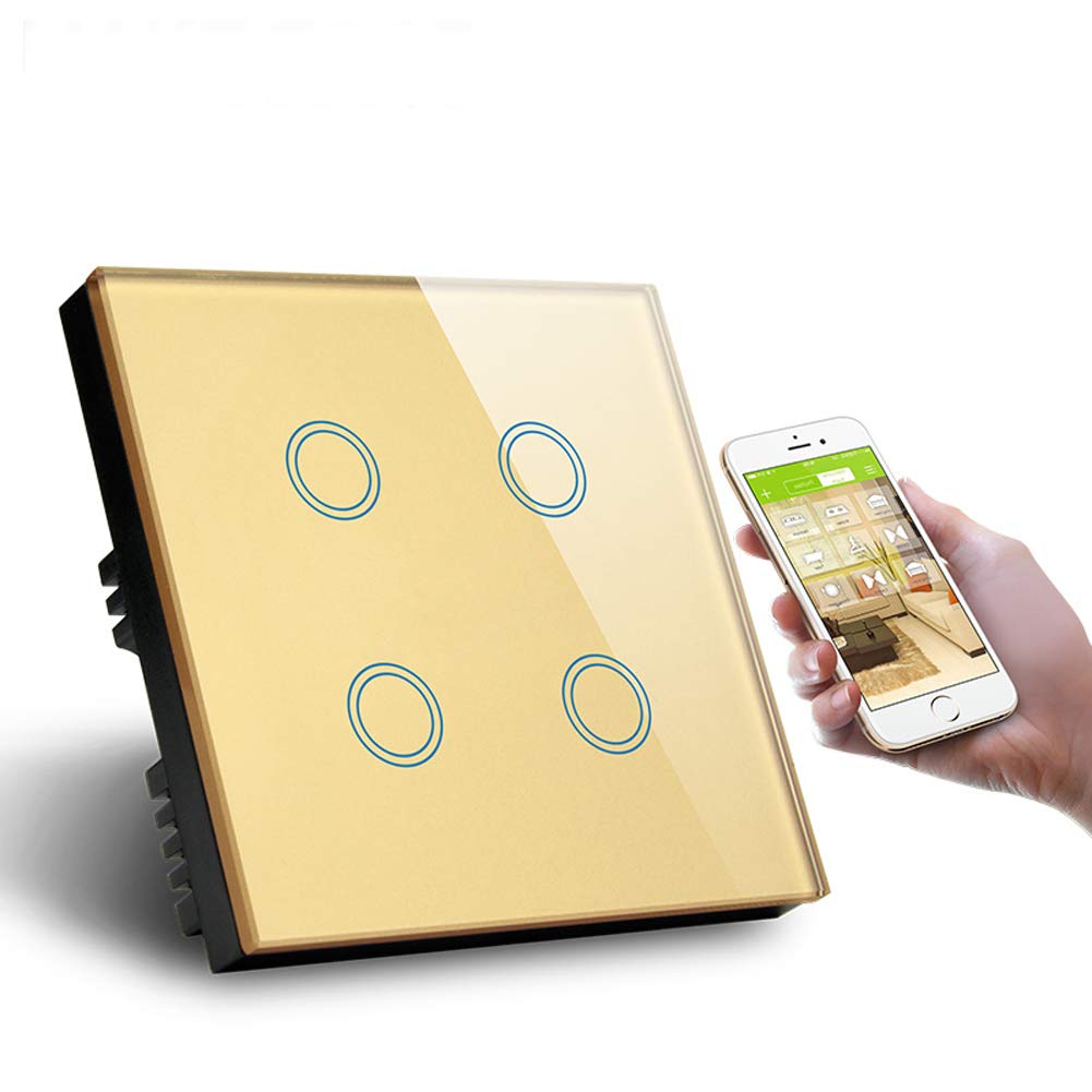 Interruptor inteligente WiFi estándar de Reino Unido, 4 Conmutadores Interruptores de Luz, Control de Voz, Interruptor de Pared WiFi, Panel de Cristal de 1000 W, 220 V, Dorado