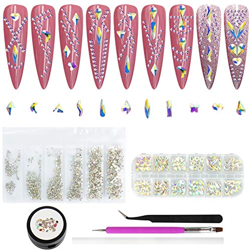 Rhinestones for Nails, 120 Pcs 3D Multi Shapes Nail Gems Diamonds, 1728 Pcs Nail Art Rhinestones Crystals Charms, 1 Pcs Brush and Nail Glue for Nails Jewelry Decorations (silver)