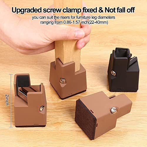 AIRUJIA 8 Packs Upgraded Furniture Risers with Screw Clamp, Adjustable Bed Riser Fits Square/Round Chair Leg Diameter from 0.8 to 1.6 Inch, 2 Inch Lift Heavy Duty Bed Risers for Sofa Desk Table Brown