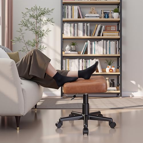 Image of VECELO Under Desk Footrest, PU Ergonomic Foot Rest with Wheels, Comfort Padding, Height Adjustable for Relieving Leg Pain, Stiffness, and etc, Brown