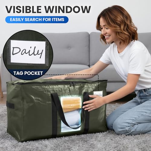 Image of TAILI 10 Pack Green Extra Large Storage Bags, Heavy Duty Totes with Visible Window, Wrap Around Handles, Perfect for Moving