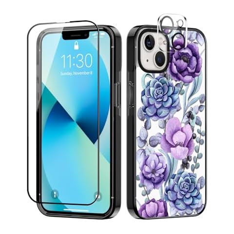 VeJerKK Designed for iPhone 13 Case Succulents Plant Flower Protective Phone Case Cover 6.1" Screen Protector + Camera Lens Protector【2X Military Grade Drop Tested / 6.6ft Drop Protection】 Cover