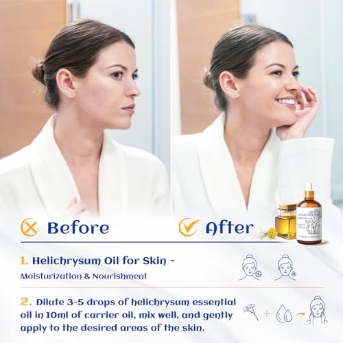 Image of HIQILI Helichrysum Essential Oil for Skin Nourish, Undiluted & Natural, Relieve Fatigue in Body Massage, Reduce Fine Line and Wrinkle, Aromatherapy Diffuser, DIY Floral Scented Gift -100ML