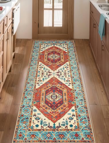 SERISSA Boho Washable Runner Rug, 2x5 Rug Runner Non-Slip Vintage Orange Hallway Kitchen Runner Rug Ultra Soft Print Distressed Tribal Floor Carpet Runner for Bedroom Bathroom Laundry Living Room